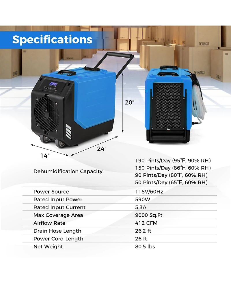 190 Ppd Commercial Dehumidifier with Pump and 2 Wheels