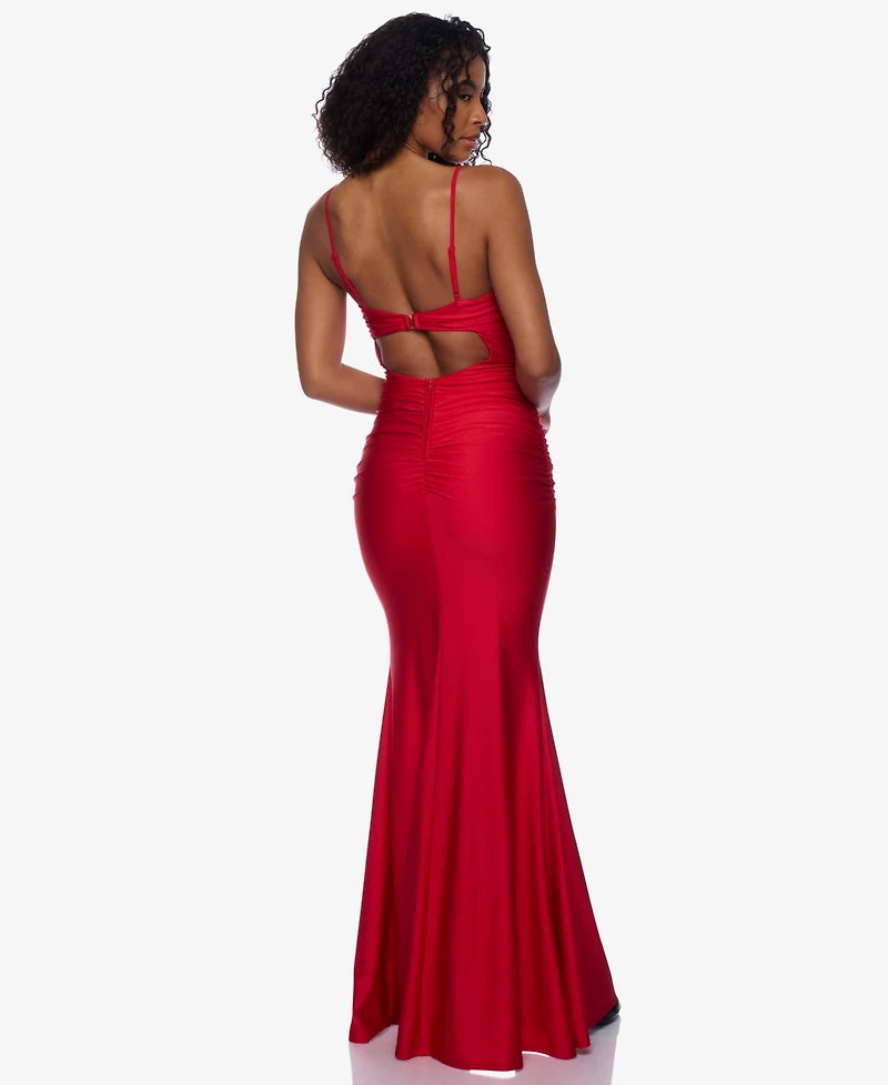 B Darlin Juniors' Notch-Neck Ruched Slit-Front Gown