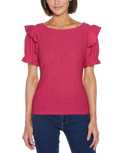 Belldini Women's Knit Eyelet Ruffle Sleeve Top