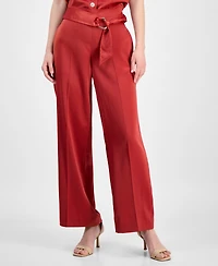 Anne Klein Women's Pull On High Rise Belted Wide Leg Satin Pants