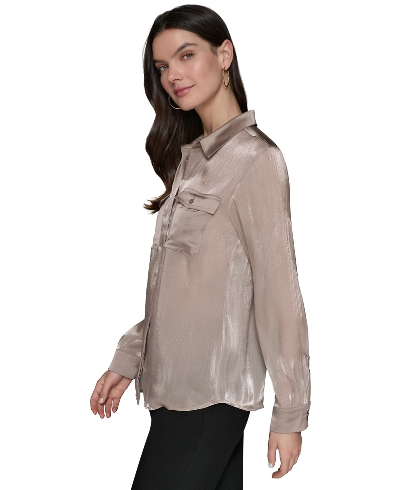 Karl Lagerfeld Paris Women's Mixed-Media Button-Front Blouse