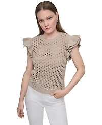Dkny Jeans Women's Baby Chenille Pointelle Rib Flutter-Sleeve Sweater - PBL