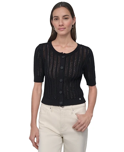 Dkny Jeans Women's Crewneck Short-Sleeve Cardigan Cable Pointelle Sweater - BLK