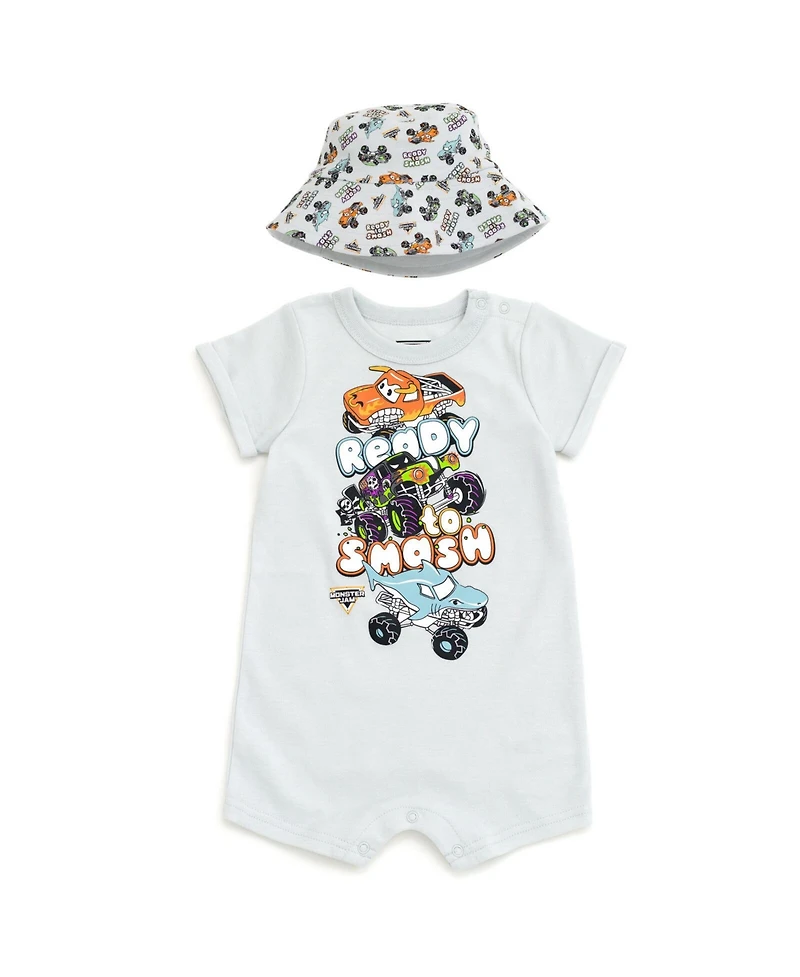 Monster Jam Toddler Boys Romper and Bucket Sun Hat Outfit Set