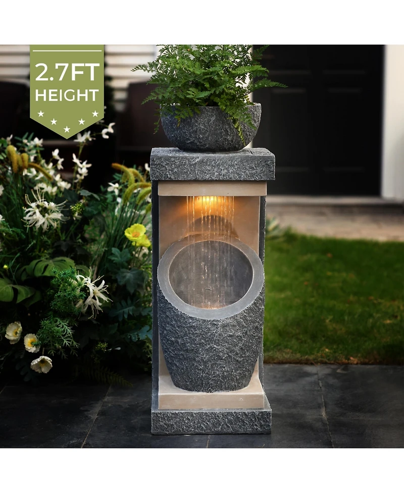 LuxenHome Gray Resin Column and Bowl Sculpture Outdoor Fountain with Lights