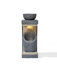 LuxenHome Gray Resin Column and Bowl Sculpture Outdoor Fountain with Lights