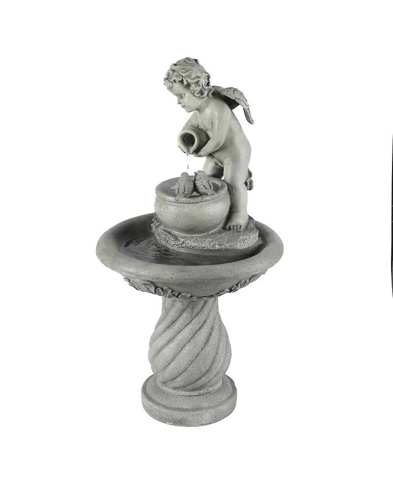 LuxenHome Gray Resin Cherub Birdbath Outdoor Patio Fountain