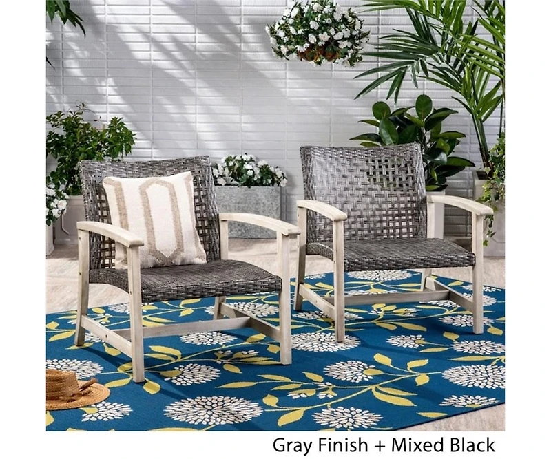 Hampton Light Gray Wood and Mixed Black Faux Rattan Armed Outdoor Patio Lounge Chair (2-Pack)