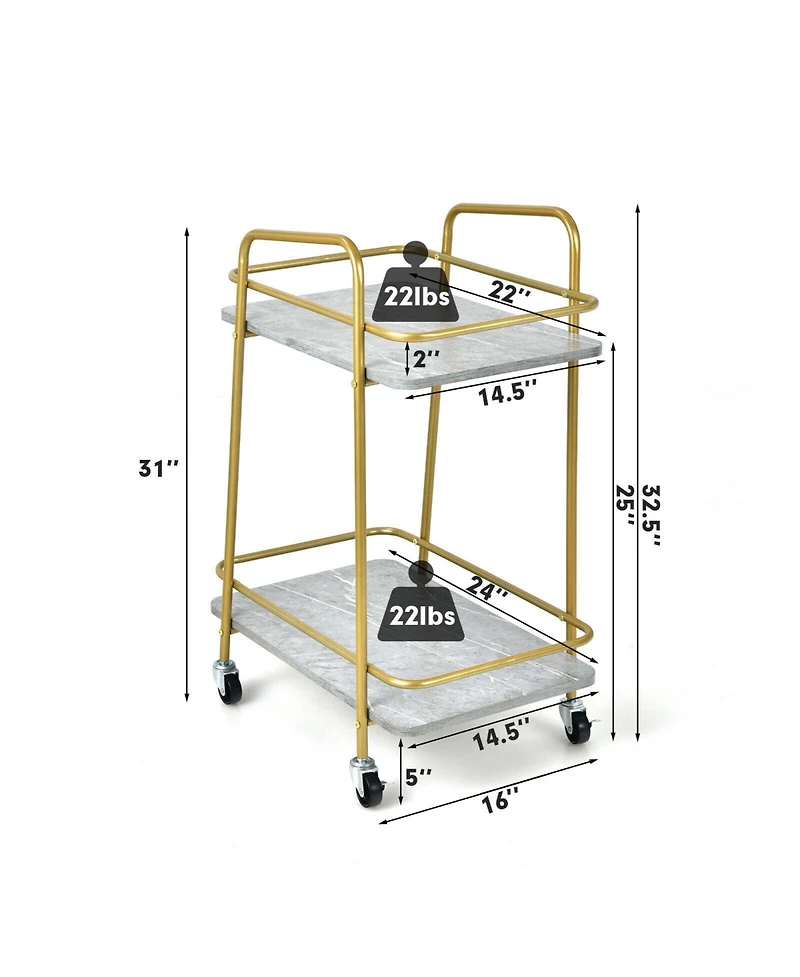 2-tier Kitchen Rolling Cart with Steel Frame and Lockable Casters