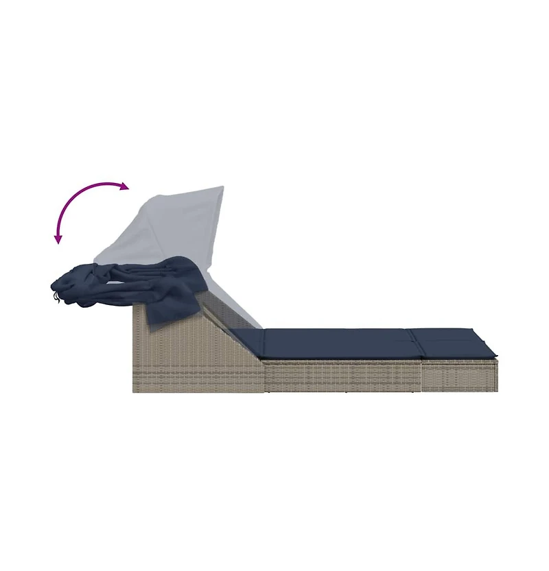 Double Sun Lounger with Canopy and Cushions Gray Poly Rattan