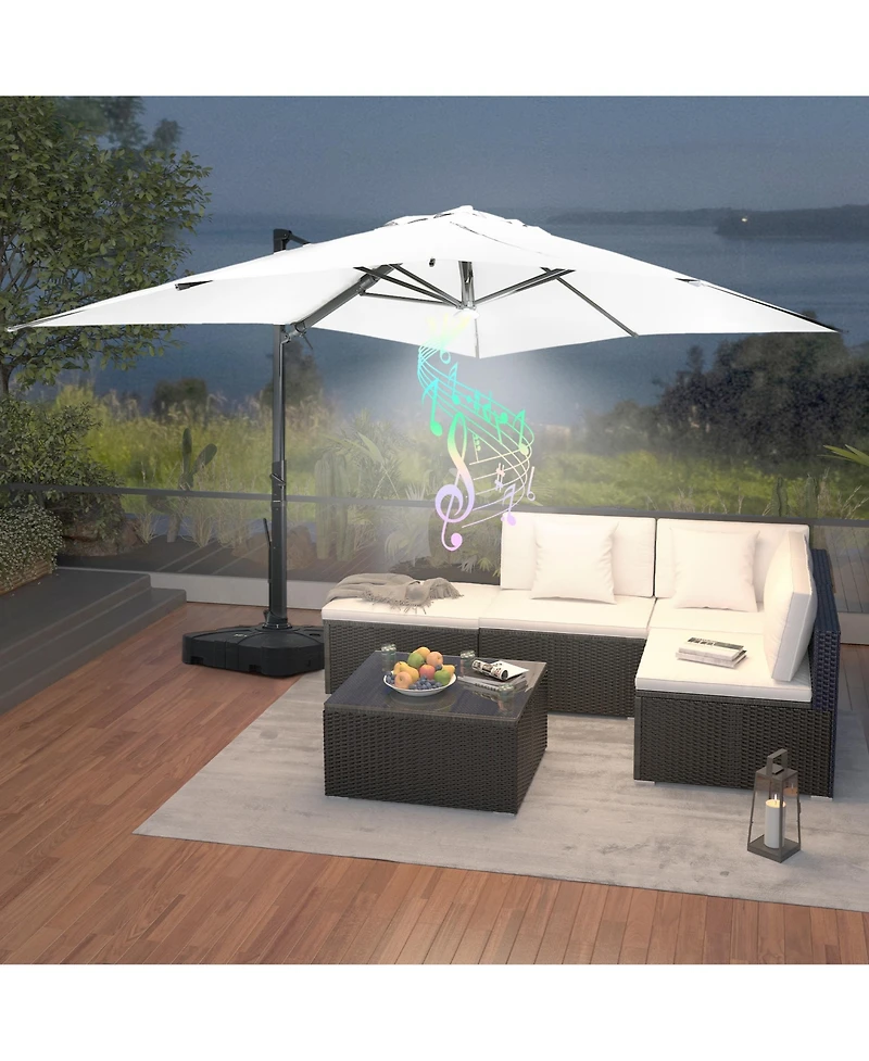Mondawe 120" Square Cantilever Umbrella with Detachable Led Atmosphere Light and Bluetooth Player, w/ Weight Base Included