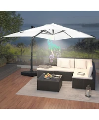 Mondawe 120" Square Cantilever Umbrella with Detachable Led Atmosphere Light and Bluetooth Player, w/ Weight Base Included