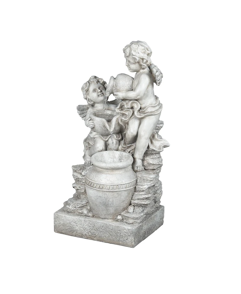LuxenHome Gray Resin Cherub Angels Outdoor Fountain with Led Light