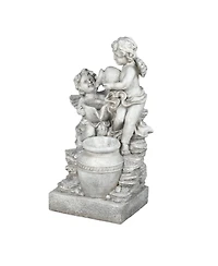 LuxenHome Gray Resin Cherub Angels Outdoor Fountain with Led Light