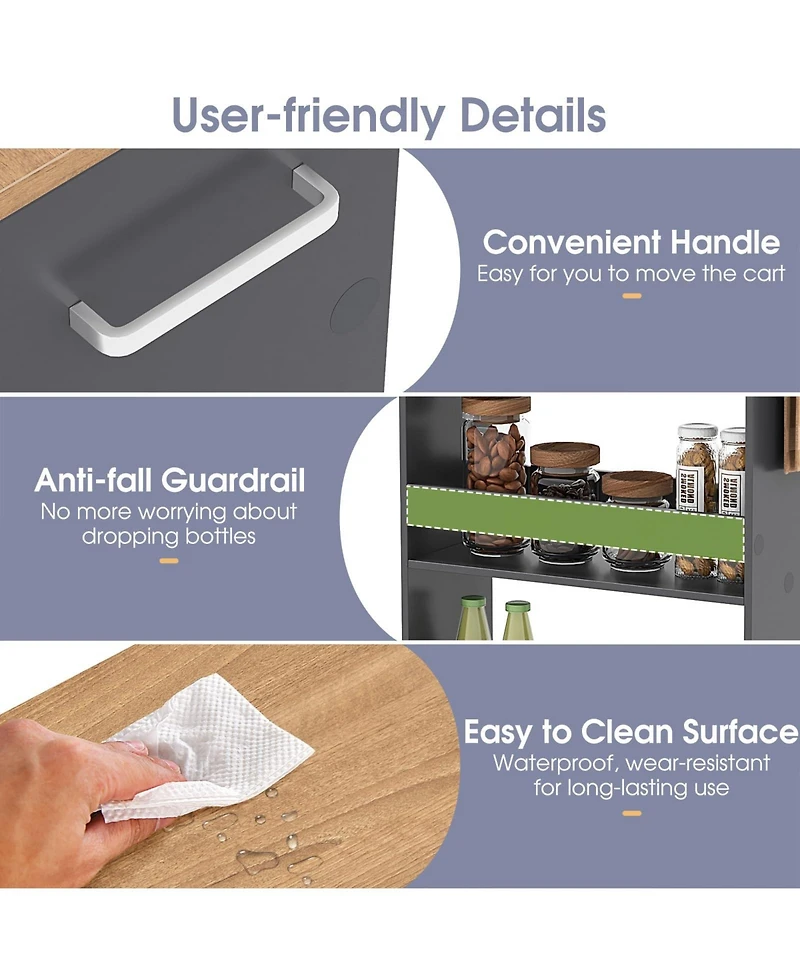 4-Tier Rolling Storage Cart Slim Kitchen Cart on Wheels with Open Shelves and Handle