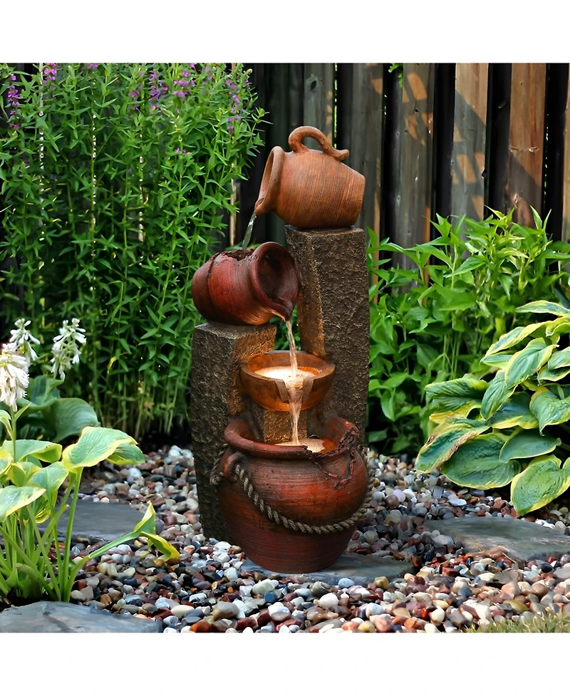 LuxenHome Rustic Resin Pots and Posts Outdoor Fountain