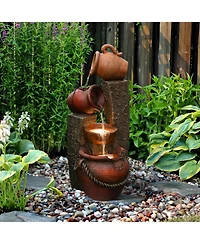 LuxenHome Rustic Resin Pots and Posts Outdoor Fountain