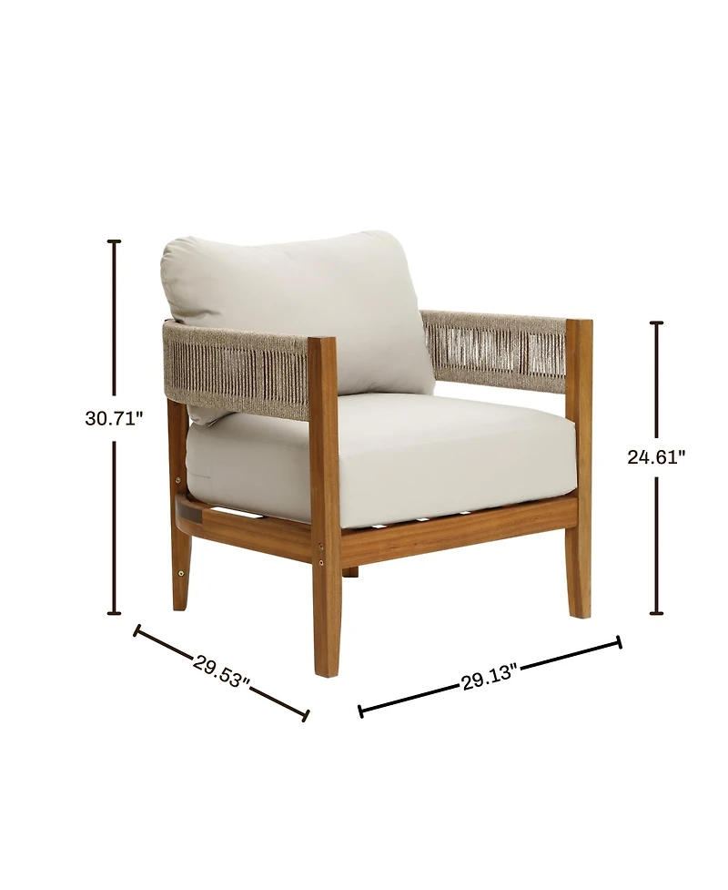 LuxenHome Outdoor Acacia Wood with Rope Sides Club Armchair with Cushions