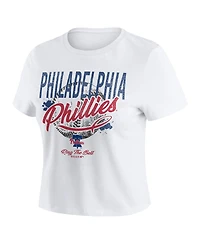 Wear by Erin Andrews Women's White Philadelphia Phillies Distressed Cropped Baby T-Shirt