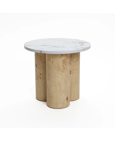 LuxenHome Burl Wood Finish Manufactured Wood 17.7-Inch Tall Round End and Side Table with Faux Marble Top
