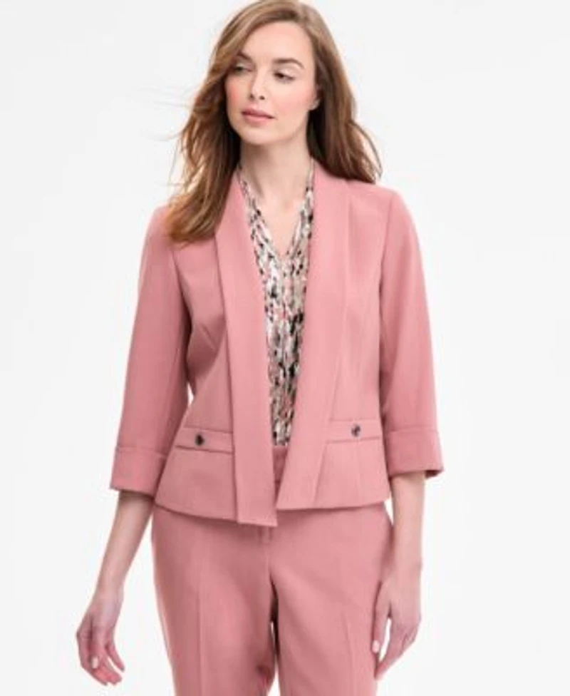 Kasper Womens Pleat Front Pants Printed V Neck Blouse 3 4 Sleeve Blazer
