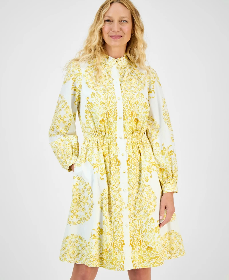 julia jordan Women's Printed Long-Sleeve Cotton Shirtdress