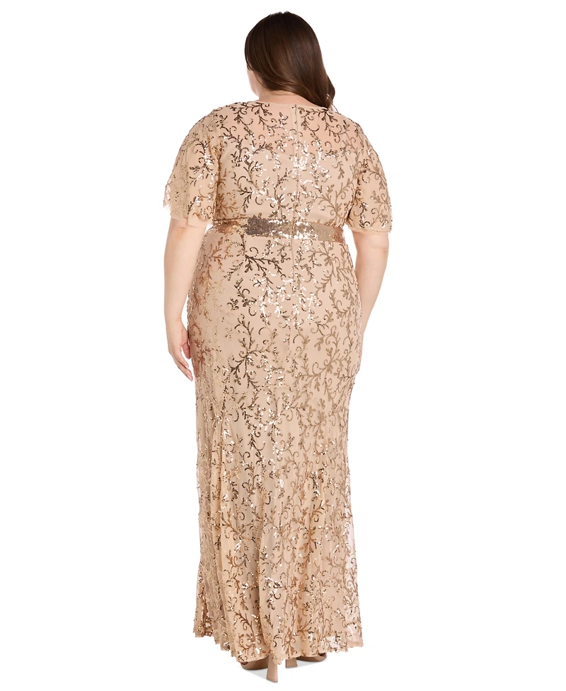 R & M Richards Plus Sequin Embellished Flutter-Sleeve Gown
