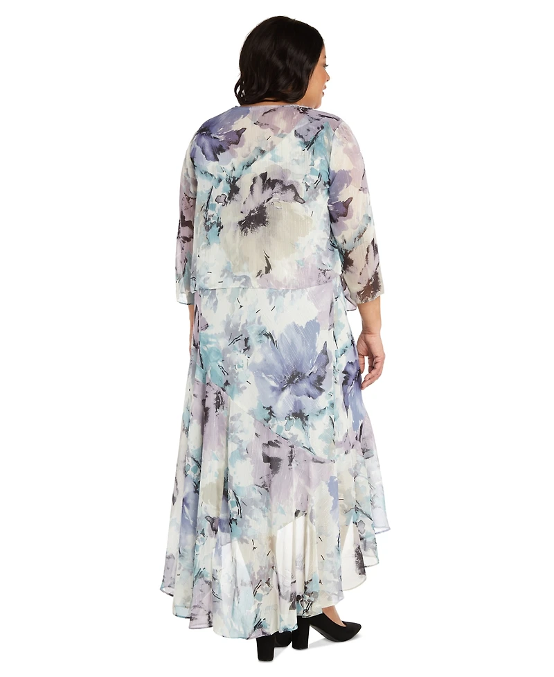R & M Richards Plus Printed Sleeveless Midi Dress Cropped Jacket