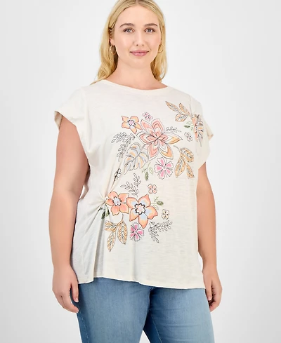 Democracy Trendy Plus Origami Embroidered Cap-Sleeve Top