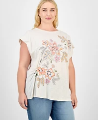 Democracy Trendy Plus Origami Embroidered Cap-Sleeve Top