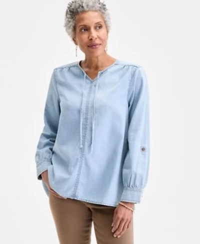 Style Co Womens Cotton Denim Split Neck Popover Top Pxs 28w Exclusively At Macys