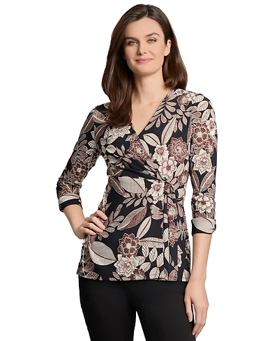 Jones New York Women's Printed D-Ring 3/4-Sleeve Top