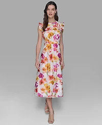 Karl Lagerfeld Paris Petite Floral-Print Flutter-Sleeve Midi Dress