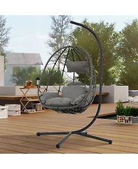 Indoor/ Outdoor Swing Chair Patio Wicker Hanging Egg Chair Hanging Basket Chair with Stand