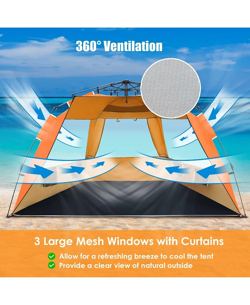 3-4 Person Easy Pop Up Beach Tent Upf 50+ Portable Sun Shelter