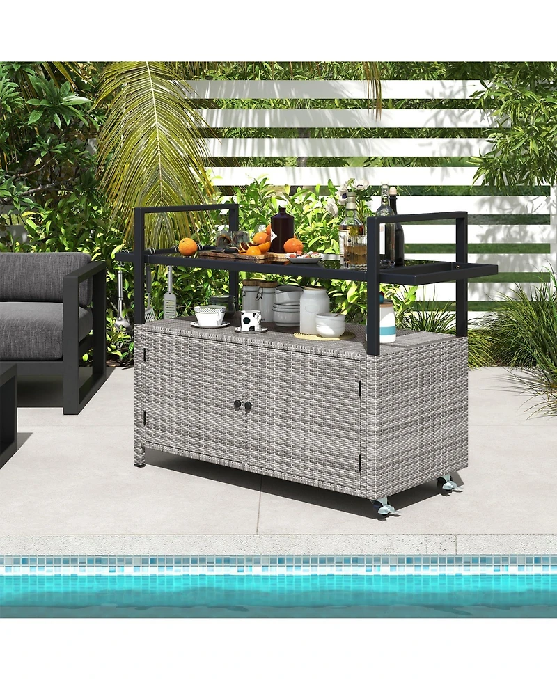 Outdoor Bar Cart Wicker Buffet Serving Cart with Cabinet and 8 Hooks