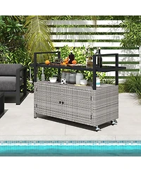 Outdoor Bar Cart Wicker Buffet Serving Cart with Cabinet and 8 Hooks