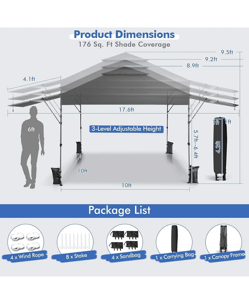10 x 17.6 Feet Outdoor Instant Pop-up Canopy Tent with Dual Half Awnings
