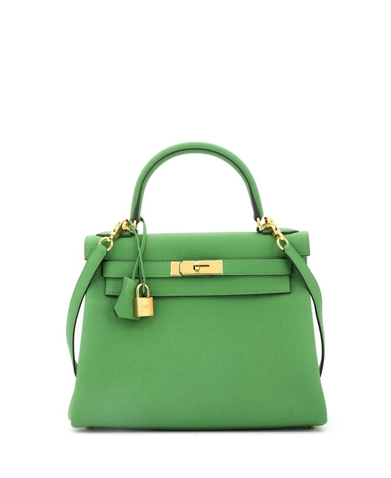 Pre-Owned Hermes Kelly 28 Handbag Green Togo with Gold Hardware