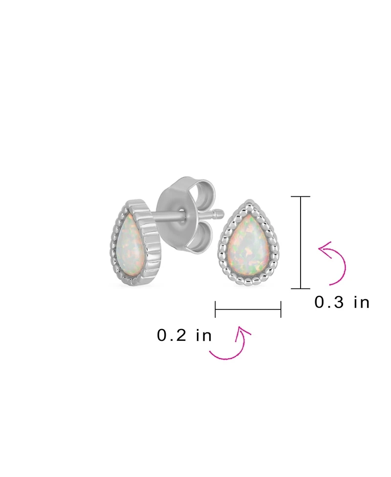 Bling Jewelry Tiny Petite Mini Teardrop Bezel Milgrain Created White Opal Stud Earrings .925 Sterling Silver
