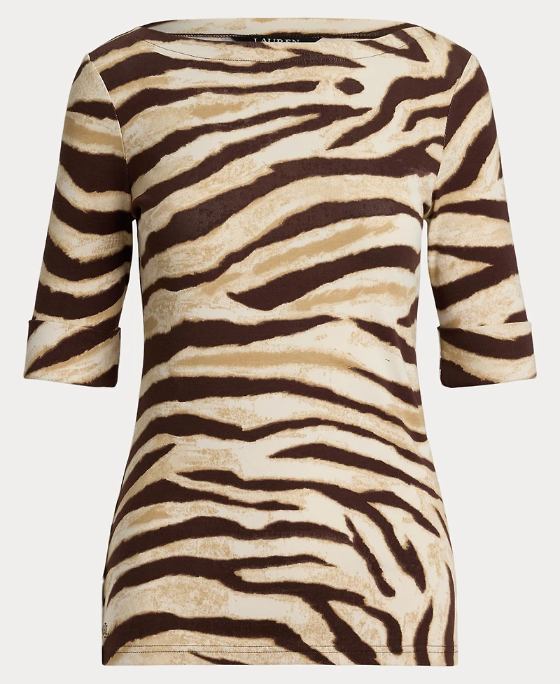 Lauren Ralph Women's Zebra-Print Stretch Cotton Boatneck Tee
