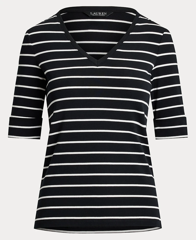 Lauren Ralph Women's Striped Cotton Elbow-Sleeve V-Neck Tee