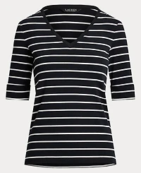 Lauren Ralph Women's Striped Cotton Elbow-Sleeve V-Neck Tee
