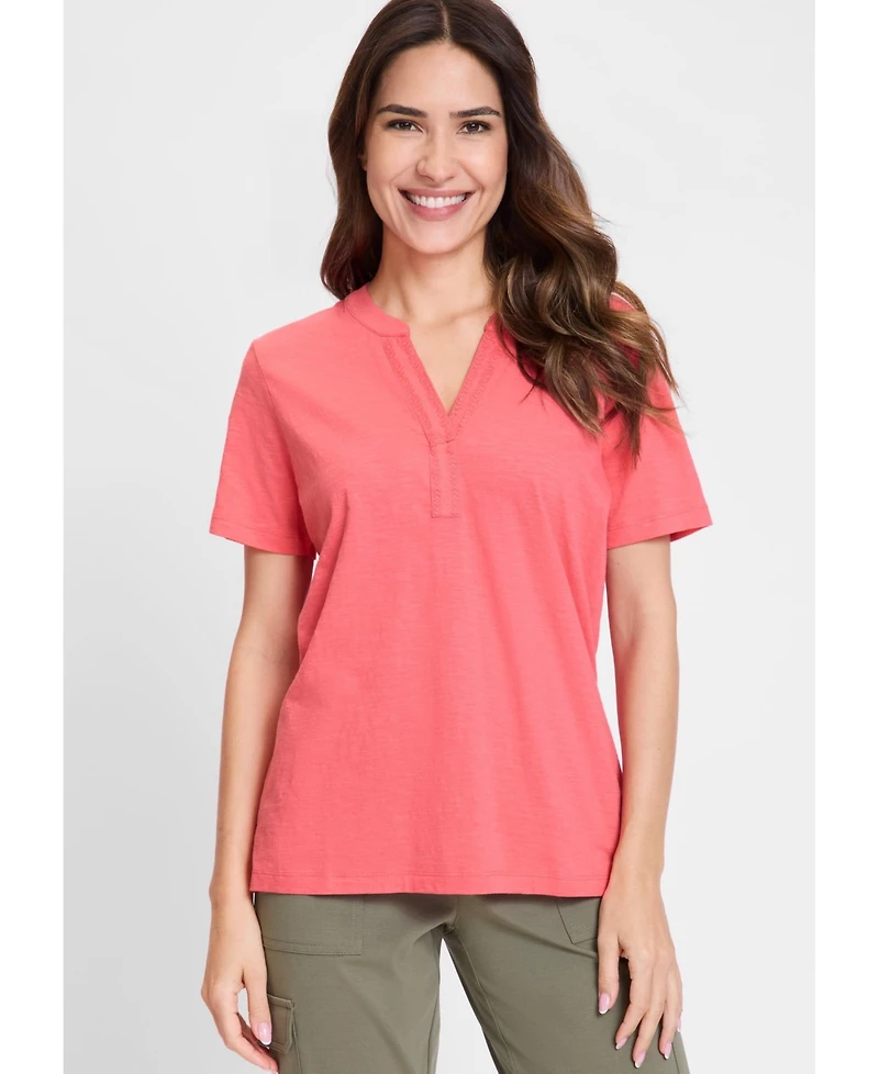 Olsen Women's Embroidered Split V-Neck T-Shirt