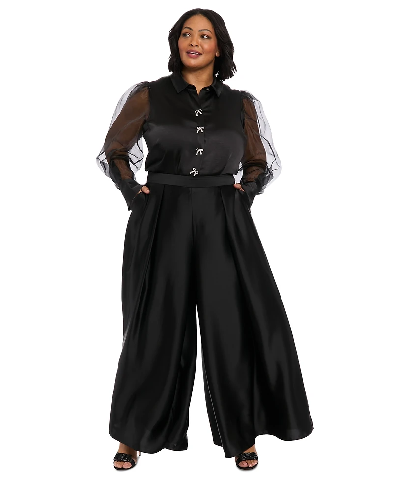 Muse Plus Bow-Trim Bishop-Sleeve Blouse
