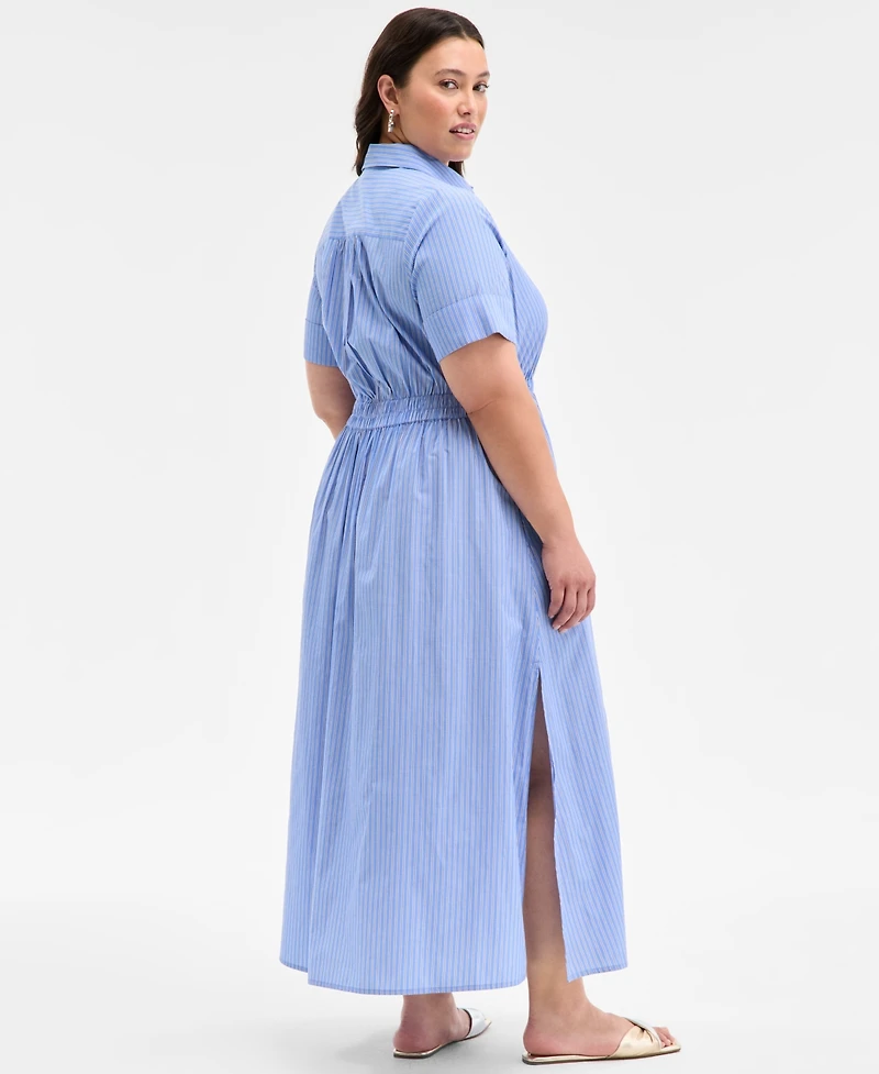 On 34th Plus Size Striped Classic-Collar Midi Shirtdress, Exclusively at Macy's