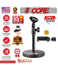 5 Core 3n1 Mic Stand Desk Adjustable Table Microphone Stands w Phone Holder Mic Clip