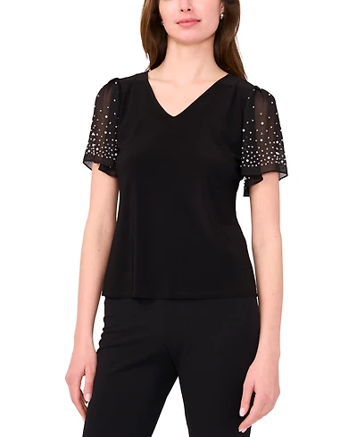 Msk Petite V-Neck Combo Short-Sleeve Evening Top
