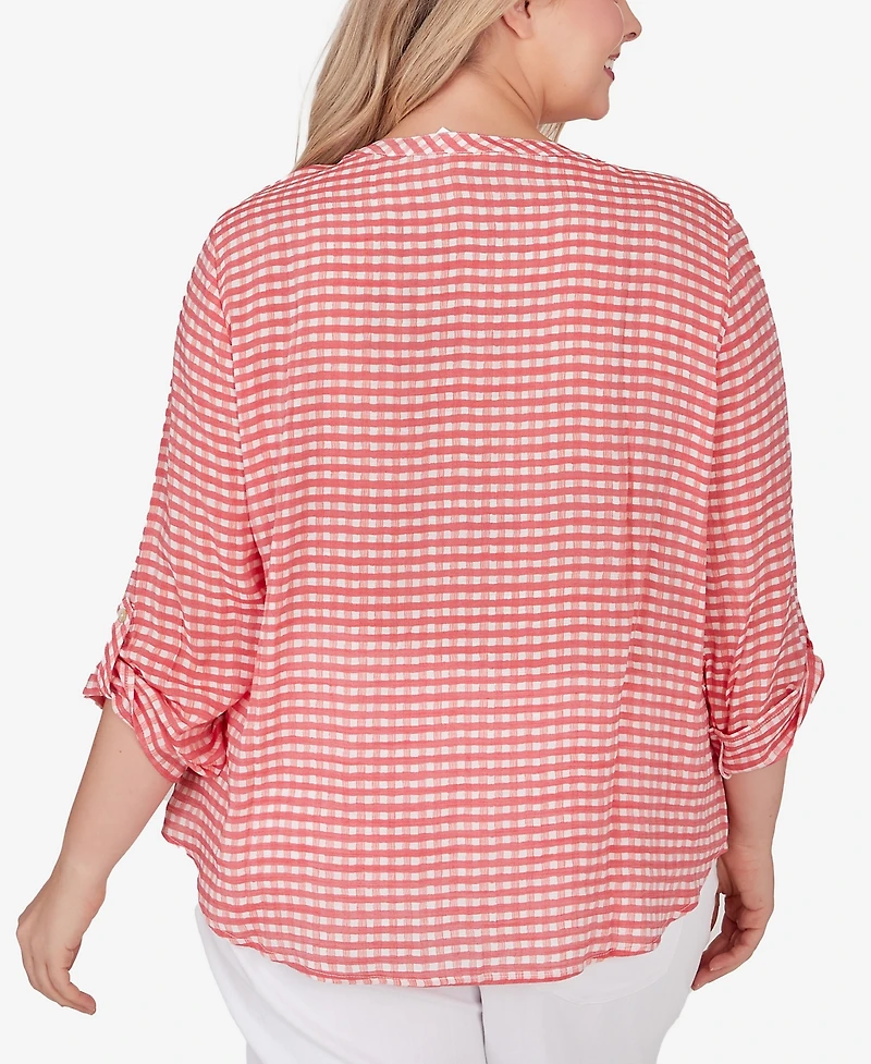 Ruby Rd. Plus Size Gingham Silky Henley Crew Neck Top