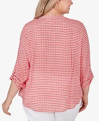 Ruby Rd. Plus Size Gingham Silky Henley Crew Neck Top